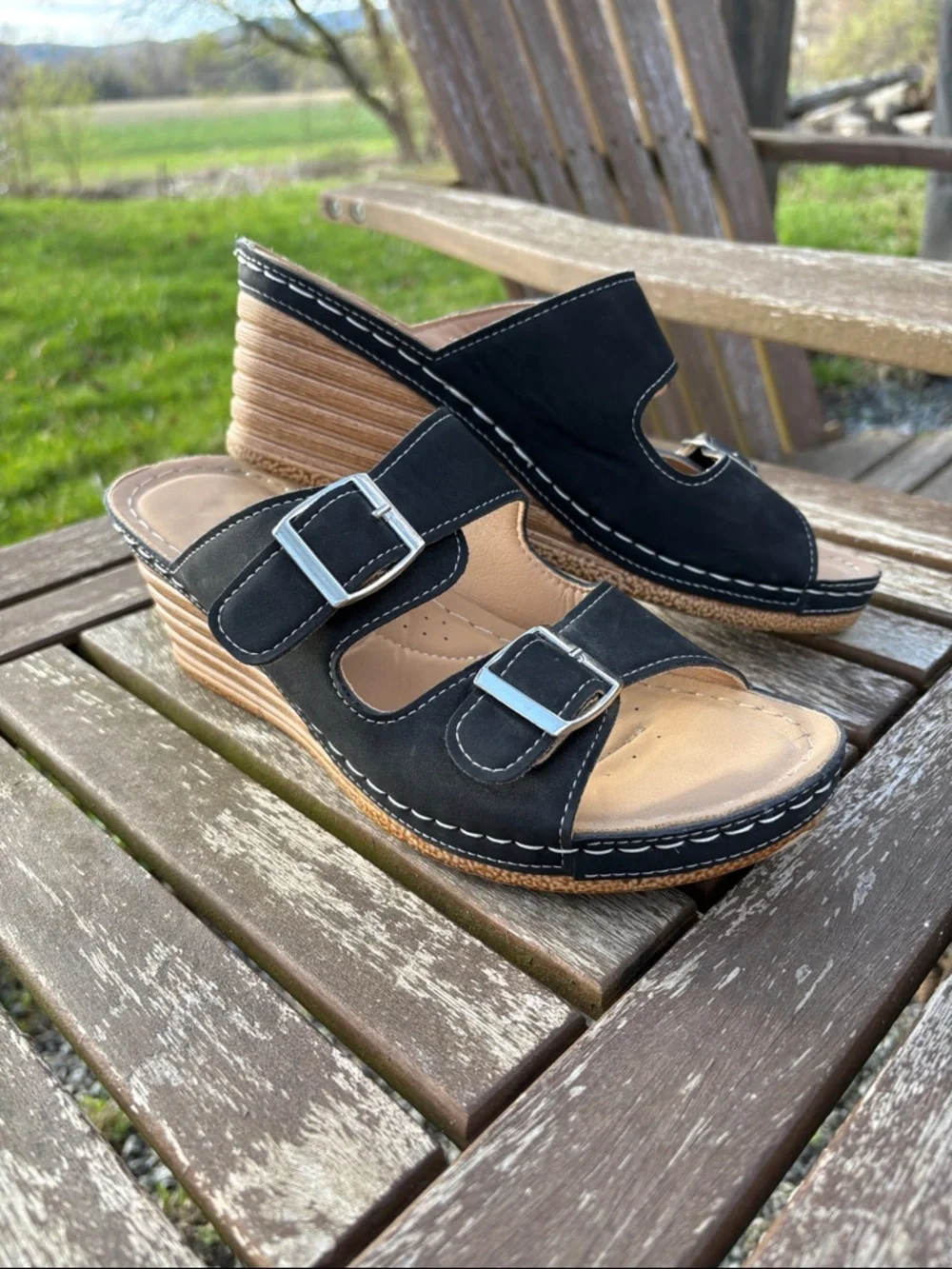 Black Buckle Wedge Sandals - Comfortable Women's Slip-On